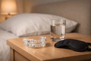 Sleep apnea oral appliance on bedside table